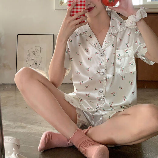 欧伦黛ins新款碎花冰丝睡衣女夏季薄款小清新休闲少女家居服套装可外穿 套YFY9905【丝滑凉感型】 M 【建议80-100斤】