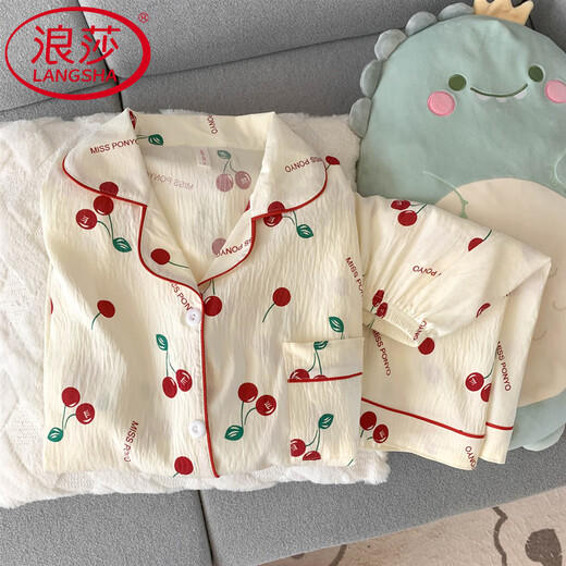浪莎（LangSha）纯棉纱布睡衣女短袖长裤夏款三件套甜美樱桃外穿开衫家居服春秋季 云朵棉-J9901#乐园小狗三件套 M 【建议75-100斤】