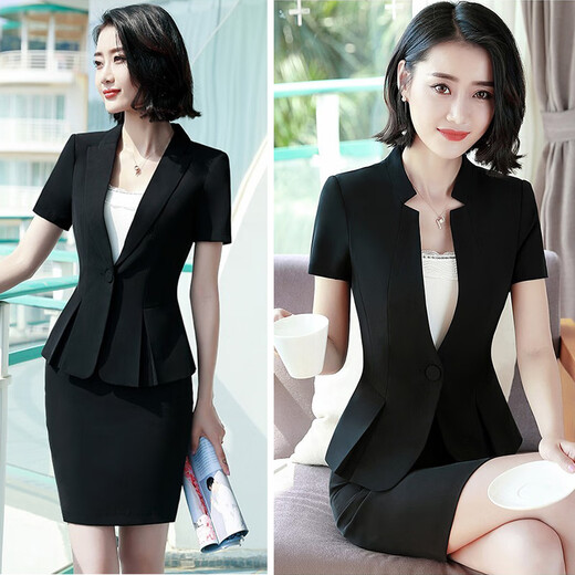 
Poresno Hotel foreman high-end work clothes, beauty professional suit set, women's summer thin short-sleeved suit, front desk work suit 6629 black suit + pants for suspenders XL recommendation 107-117Jin [Jin equals 0.5 kg] Universal size