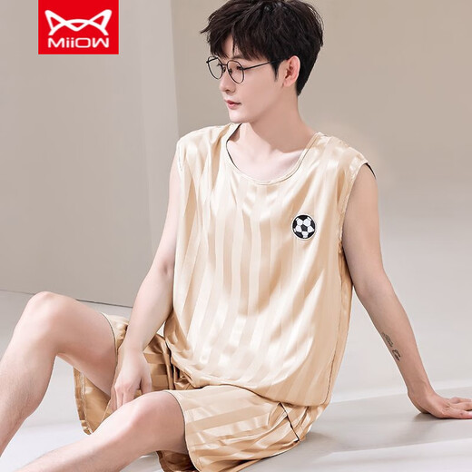 Catman Miiow Summer Ice Seide Pyjamas für Jugendliche dünne extra große Größe Herrenweste ärmellose Shorts Home Clothing Set 9901 Ice Seide M Herrenmodell 80-Jin [Jin entspricht 0,5 kg]