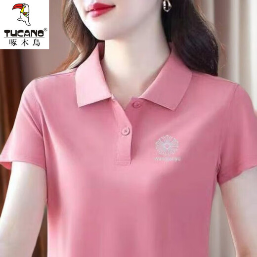 啄木鸟休闲polo衫短袖T恤女夏季新款中年妈妈装宽松大尺码显瘦翻领上衣 YC-6629玫红色 M 【建议85-100斤】