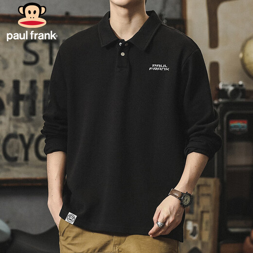 Paul Frank long-sleeved T-shirt men's solid color polo shirt men's spring and autumn American bottoming shirt men's tops dark gray XL