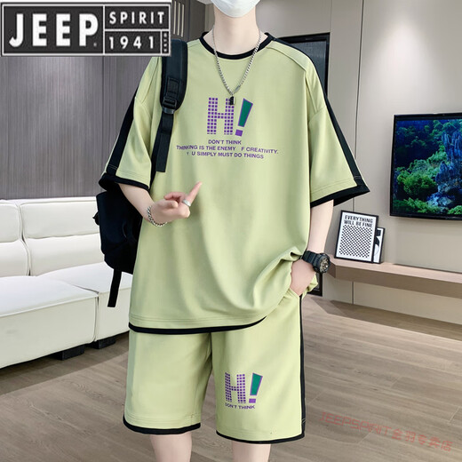 JEEP SPIRIT青年夏季新款运动套装青年短袖t恤冰丝短裤衣服 9928米色套装 M 约90-110斤可穿