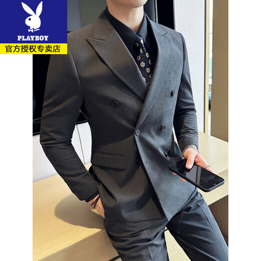Playboy British Style Double Breasted Suit Men's Suit Business Casual Formal Groom Wedding Dress High-End Suit Three-piece Gray Suit+Trousers+Vest XL (125-140Jin Jin equals 0.5 kg)