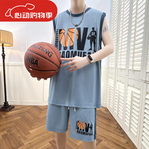 乾裳韩版牛无袖t恤男孩12-15岁初高中学生篮球服套装13大童运 6636浅灰(背心+短裤)_品质保证 M _80-100斤左右
