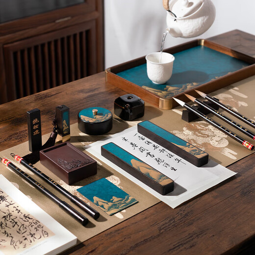 Shanlianhu Pen Jinxiu Shanhe Four Treasures of the Study Set Pen, Ink, Paper and Inkstone Calligraphy Set Master's Handmade High-End Writing Brush Inkstone Ink Table Duan Inkstone Pen Holder Seal Gift Bronze Gift Box