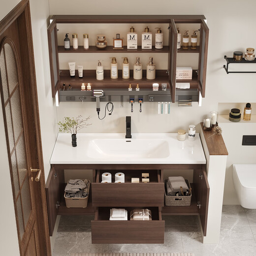 Kohler 16855 bathroom cabinet ceramic integrated basin 75/85/95/105/115 bathroom hand wash basin cabinet combination 75CM walnut pendant cabinet + intelligent comprehensive mirror cabinet combination (