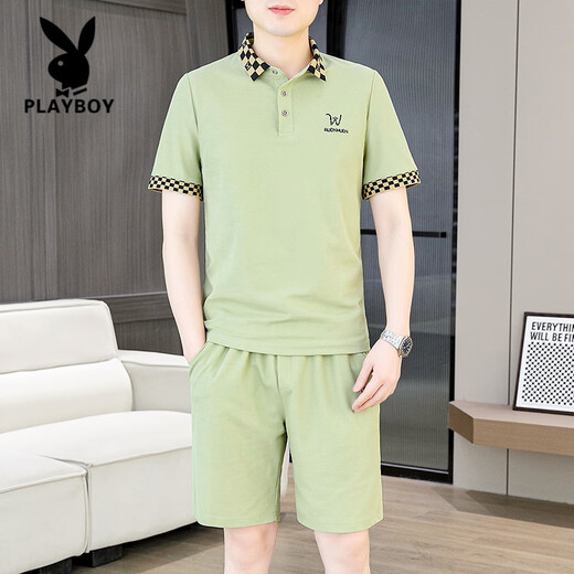 花花公子（PLAYBOY）夏季男士套装短袖POLO衫潮流一套搭配休闲男装夏装t恤短裤二件套 TZ9902米色 M