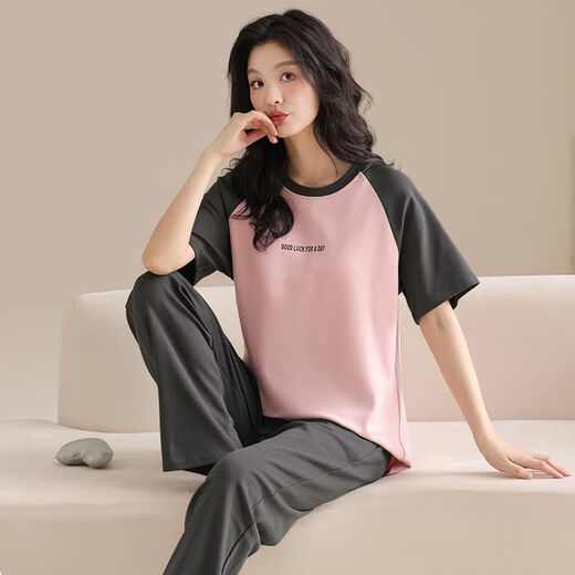 浪莎100%纯棉睡衣女春夏短袖长裤休闲宽松女韩版家居服秋季可外穿套装 T-9720(短袖长裤) M码(85-105斤) 均码