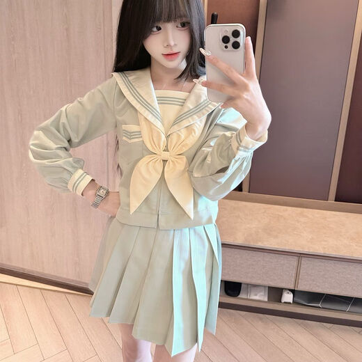 Shenbei Original Genuine Mint JK Uniform Japanese Sailor Uniform Basic College Uniform Student Suit Mint Green Three Short Sleeves + Skirt + Goldfish Knot M