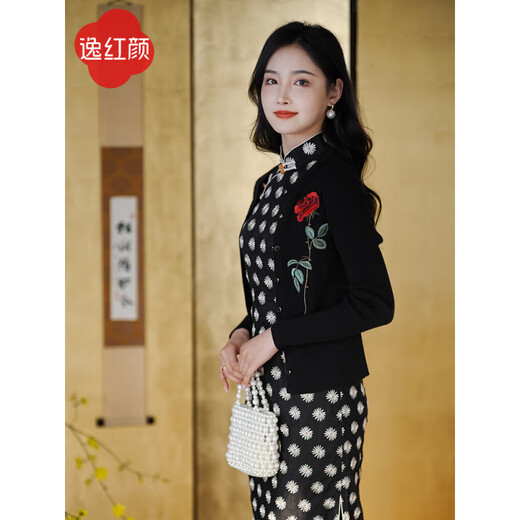 Yihong (E.Beauty) Shanghai Yihongyan Shanqing 2025 spring clothing new product knitted literary rose embroidered sweater cardigan jacket women Ruju Ju (cheongsam only) M