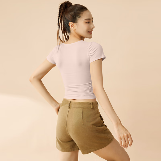 Victoria Traveler Sports T-shirt Women's Yoga Short Sleeve Top Pilates Training Fitness Summer With Chest Pad Hollow Running Suit Powder XL