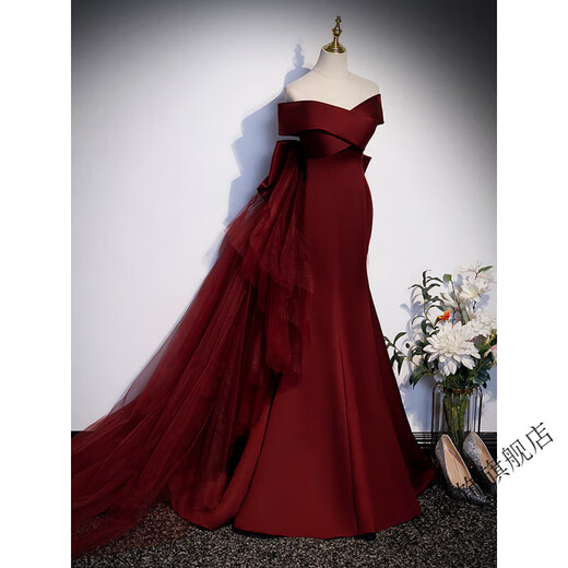 Zhenji burgundy fishtail evening dress female bel canto solo vocal art test toast annual meeting host one-shoulder light wedding dress burgundy M