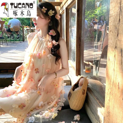 啄木鸟（TUCANO）花朵挂脖连衣裙女气质名媛夏季新款温柔风法式露肩小个子超仙短裙 花朵连衣裙6629 S
