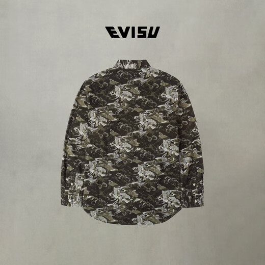EVISU Lucky God Men's all-over crane print loose fashion long-sleeved shirt Army Green XL