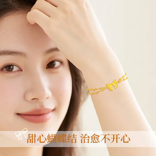 Lao Fengxiang bow gold bracelet for women 18K gold fugitive princess bracelet wedding anniversary gift for girlfriend and wife bow accessories + free 925 silver double layer bracelet