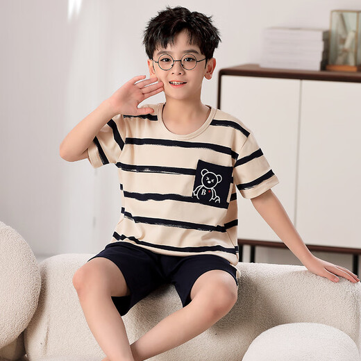 曼妮朵儿童睡衣夏季纯棉短袖长裤可爱卡通青少年学生男孩男童薄款家居服 F724【双短】 165 L码建议160-165cm