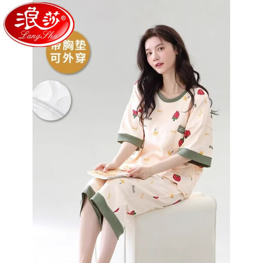 浪莎睡衣女士夏季带胸垫一体式纯棉短袖七分裤裤套装宽松家居服可外穿 带胸垫679巴比熊短袖七分裤 M码75-95斤左右 均码