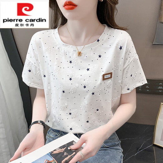 Pierre Cardin Pure I Cotton bedrucktes kurzärärmiges T-Shirt für Frauen 2025 Sommer Neues lose Druckdesign Vielseitig T-Shirt Top Trend 1396# Weiß M geeignet -109jin [Jin ist 0,5 kg]
