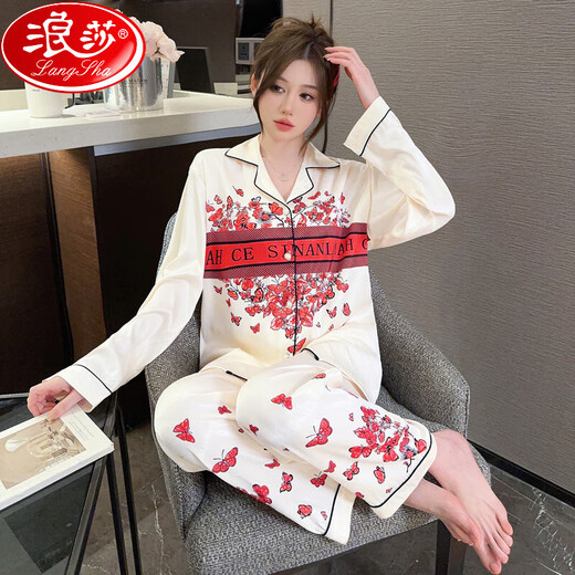 浪莎冰丝睡衣女春秋长袖夏天薄款2024新款网红高级感仿丝·绸家居服 13807#粉色[高品质冰丝；山茶花] M [建议80-100斤穿]