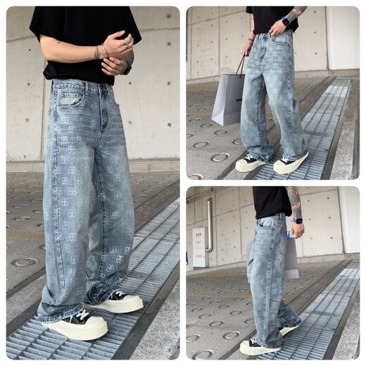 依零依蓓新款夏季潮牌男士阔腿牛仔裤水洗大码长裤 黑色1396-1 S