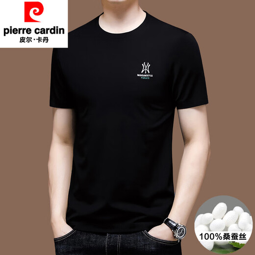 Pier Cardin high-end summer 2025 new high-end embroidered short-sleeved top thin round neck cool ice silk half-sleeved T-shirt black [tee 13062] M 165 [suitable for weight 100-120 Jin [Jin equals 0.5 kg]]