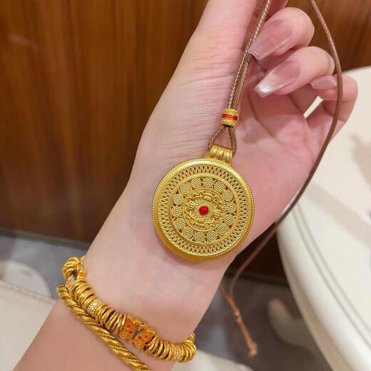 Vietnamese Sand Gold Eight Treasures Compass Necklace for Men and Women, Ancient Heritage Pendant, Gold Braided Rope Fu Brand Sweater Chain, Eight Treasures Compass + Brown Ruyi Rope, Gift Box Style