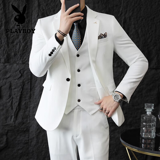 Playboy (PLAYBOY) suit men's three-piece casual large size suit jacket slim Italian formal groom handsome wedding dress white suit + trousers + vest 7XL