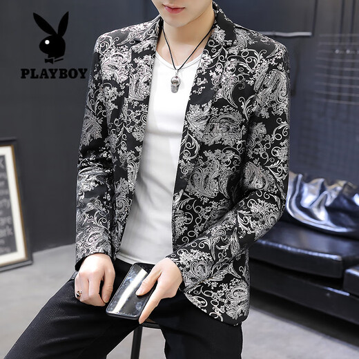 Playboy (PLAYBOY) floral suit men's Korean version slim fit bronzing spring and autumn trendy small suit nightclub hairstylist top trendy jacket 1999 white M
