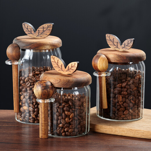 LeCali glass coffee powder sealed jar coffee bean storage jar portable food grade tea storage storage jar with spoon jar high borosilicate glass 800ml-with wooden spoon