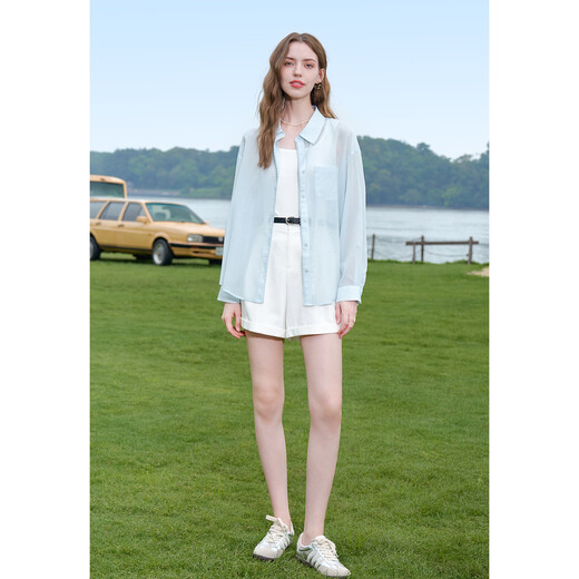 
Baitu betu women's clothing 2025 summer new shirt texture micro texture striped shirt thin coat for women 2507T31 light blue S