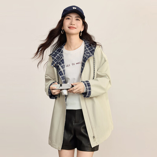 Xishi Sllsky kontrastierende Farbplaid mit Kapuze-Windbreaker-Jacke für Frauen 2025 Herbst Neue High-End-Lose-Casual-Jacke für Frauen Licht Khaki L.
