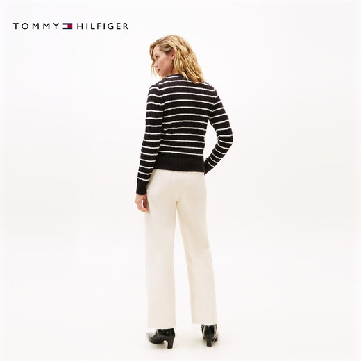 TOMMY HILFIGER [Circh Texture] 25 new autumn and winter women's striped sweater solid color round neck knitted cardigan [Striped Circh] Black and white striped BDS XS (recommended: 100 Jin [Jin equals 0.5 kg] or less)