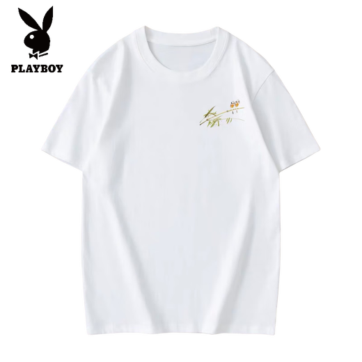Playboy (Playboy) T-shirt de coton pur à manches courtes à manches courtes pour hommes à manches demi-manches à manches d'été Couple de voyage Top Trendy White [avant gauche petite photo K5009 Fleur d'oiseau] 2 S Recommandé 90-100jin [Jin est égal à 0,5 kg]