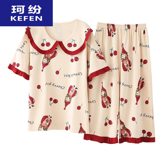 
KeFEN (KEFEN) Super fat plus 260 Jin [Jin equals 0.5 kg] Home clothes pajamas special summer cotton short-sleeved cropped pants Dark blue B9923 L (100-120 Jin [Jin equals 0.5 kg])