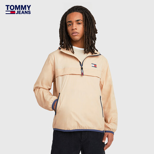 Tommy Hilfiger men's windproof waterproof zipper half lantern portable storage outdoor sports hooded fit jacket 15906 Khaki AB4 XS