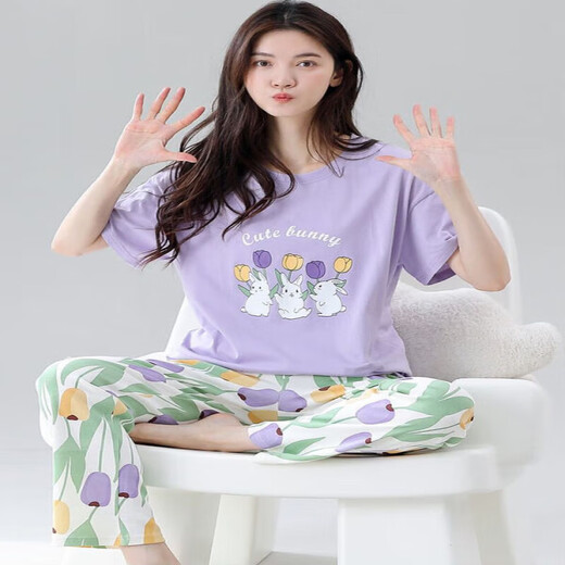 锦人初睡衣女款夏季纯棉短袖长裤卡通甜美少女夏感家居服套装 Z9711 均码 M码[建议80-100斤穿]