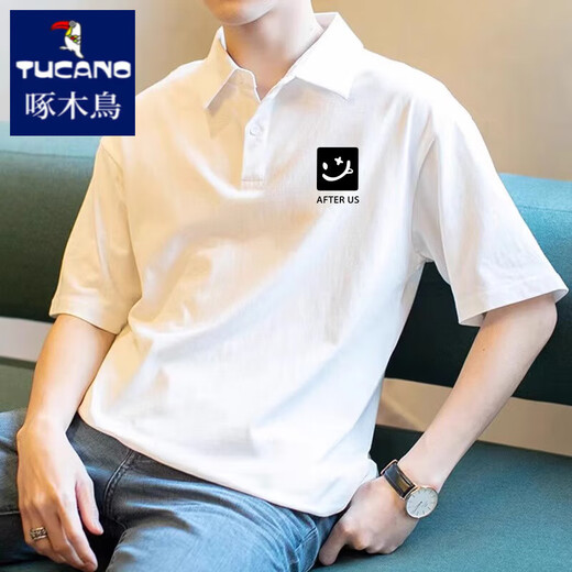 Holzpecker American Retro Herren-Polo-Hemd kurzärmelige, lose vielseitige Revers-T-Shirt 2025 Sommer Pure Baumwoll halbärmelte Top [3895-Wasp] Weiß M 85-110Jin [Jin entspricht 0,5 kg]