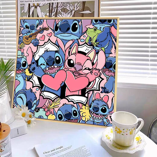咏幻史迪仔数字油画diy填充手工填色油彩画史迪奇手绘卡通丙烯装饰画 qx12172 20*20cm加厚实木内框