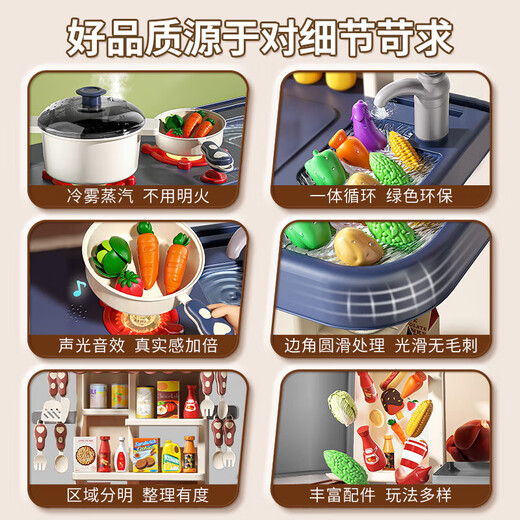 儿童过家家厨房玩具男女孩可出水喷雾厨台做饭套装切切乐餐具台 礼盒-98件套-喷雾/声光-充电-粉 六一儿童节礼物618双十一双十二