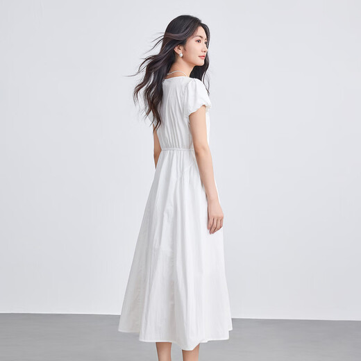 尚都比拉含棉方领温柔泡泡袖连衣裙女夏季收腰显瘦A字裙优雅气质中长裙