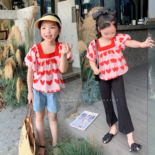 Mädchen Puffarm Shirt Kurzarm Sommer Neues Quadrat Halsband Top Mädchen Baby süßes koreanisches Kinderpuppenhemd 9934 Liebeshemd 120 120 cm