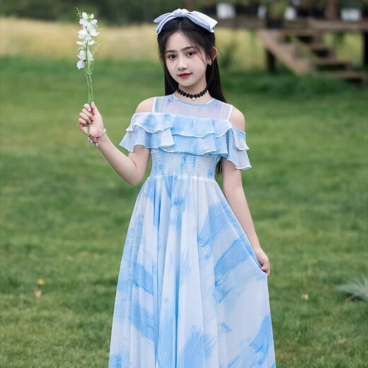 Girls Dress Summer 2026 New Style Fashionable Thin Princess Skirt Girls Middle and Large Children Chiffon Long Skirt 101 Blue Free Pearl Headband + Clavicle Chain 160 Recommended 68-78Jin Jin is equal to 0.5 kg