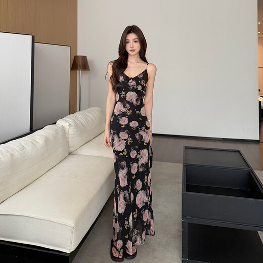 YIOU夏季修身显瘦印花连衣裙时尚长款夏季荷叶边碎花裙子9930 花色 M