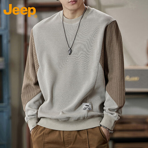 Jeep (JEEP) sweatshirt men's color matching autumn and winter loose T-shirt bottoming shirt casual heavyweight men's clothing apricot color matching XL
