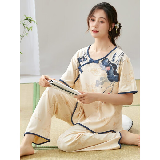 Eaeovni Frauen kurzärmeligte Pyjama-Set-Sommer-Dünnhosen im Sommer. Neue Kleidung für die Nachahmung des chinesischen Stils kann außerhalb von LZY9905 m getragen werden (empfohlen 75-95jin [Jin entspricht 0,5 kg])