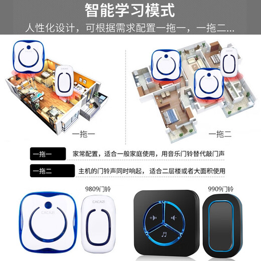 无线门铃家用 超远距离一拖一二 闪光电子防水遥控电玲老人呼叫器 9909黑色一拖一1按1响