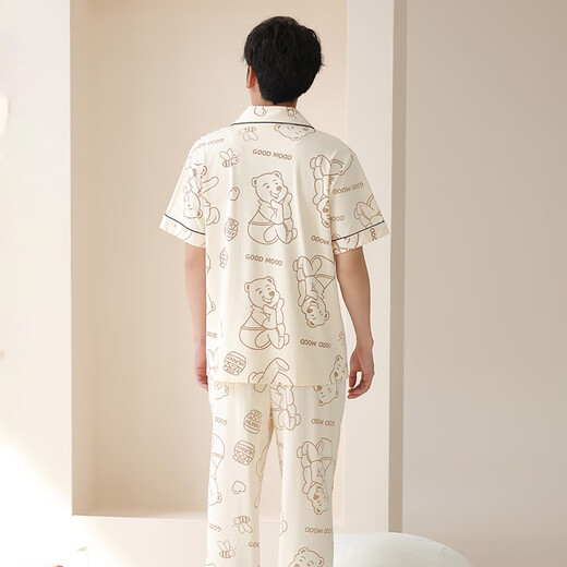 LangSha couple pajamas for one man and one woman, summer pure cotton thin section 7A antibacterial and anti-mite short-sleeved trousers, cardigan, casual home wear 6229 XL female + 3XL male