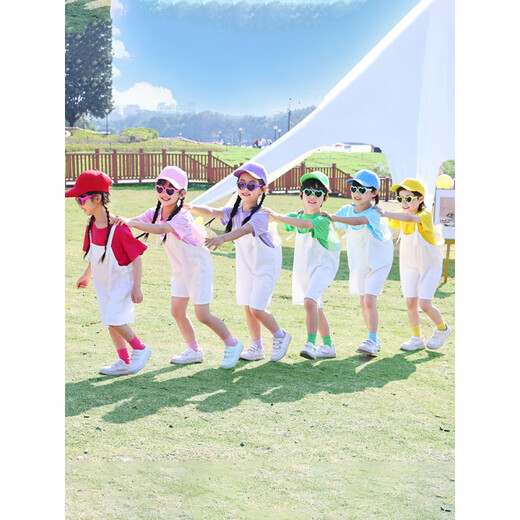 Yunqiang Jumping Candy Performance Costumes Liuyi Kindergarten Dance Performance Costumes Children's Overalls Performance Costumes Graduation Photo Costumes Light Pink T-Shirt + Overalls + Free Socks Gay 110