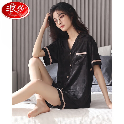 浪莎（LangSha）冰丝睡衣女开衫短袖短裤薄款套装女士夏天丝绸仿真丝家居服 L6212女士 XL (体重：120-140斤)